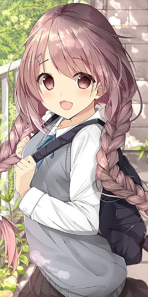 Anime Girl With Pink Braids Wearing School Uniform And Backpack HD phone wallpaper