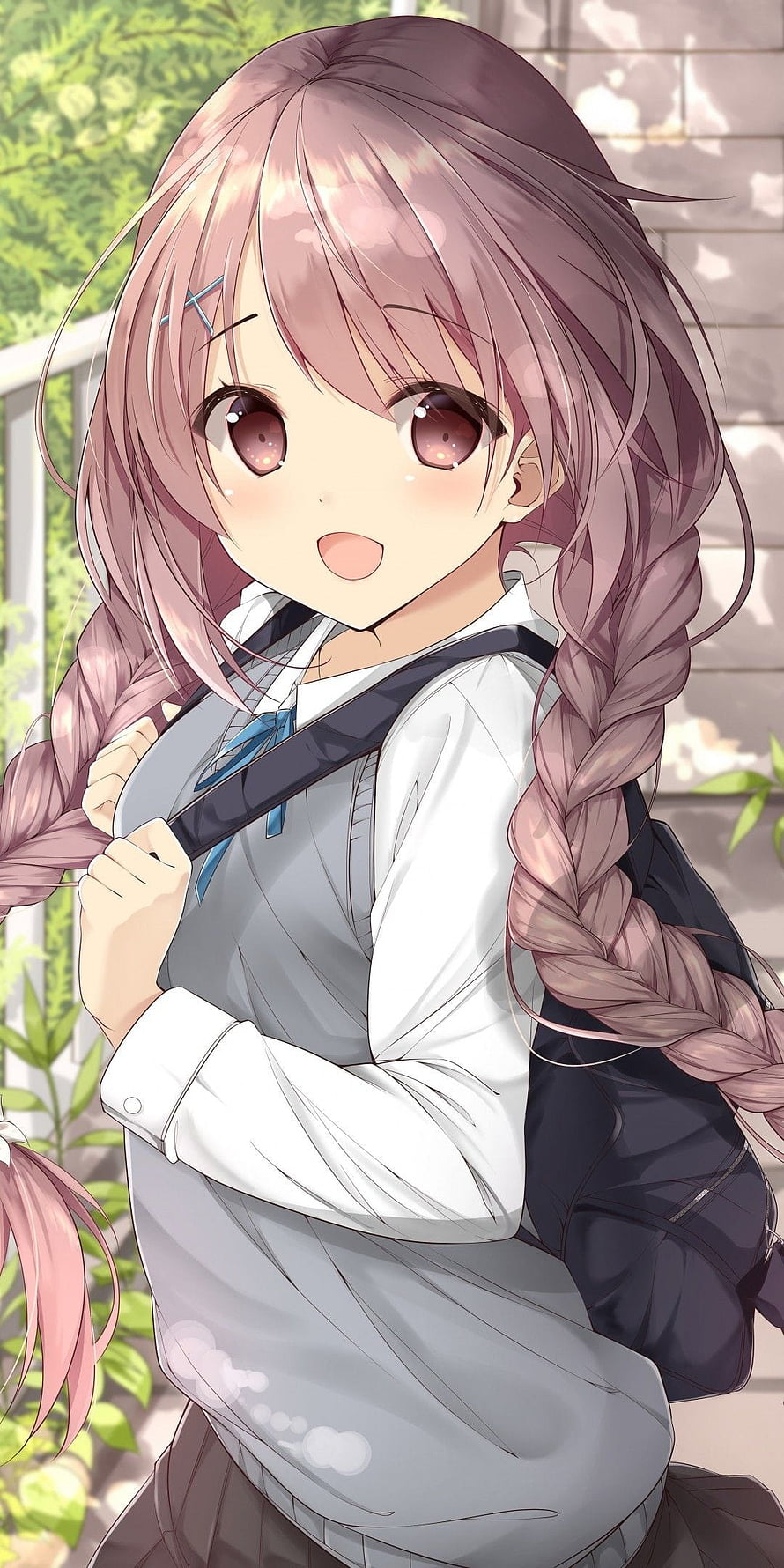 Anime Girl With Pink Braids Wearing School Uniform And Backpack HD phone wallpaper