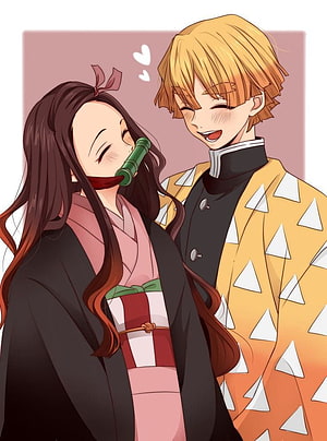 Zenitsu and Nezuko from Demon Slayer in a Cute Anime Couple Illustration HD phone wallpaper