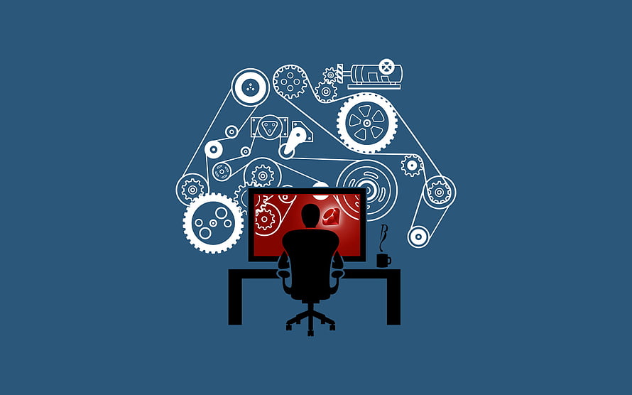 Software Developer at Work with Mechanical Gears and Computer Screen HD wallpaper