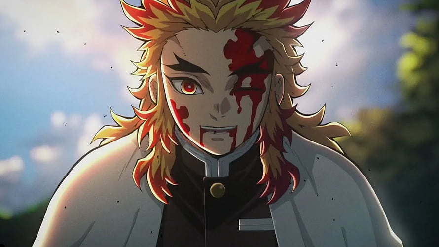 Rengoku Kyojuro from Demon Slayer in a dramatic battle scene with blood and fiery hair HD wallpaper