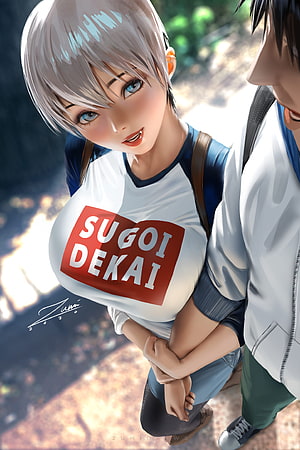 Uzaki Hana from Uzaki-chan Wa Asobitai in a casual white and blue t-shirt with a red graphic HD phone wallpaper