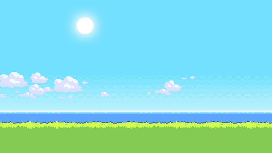 Flappy Bird Pixel Art Landscape With Bright Sun And Rolling Green Hills HD wallpaper