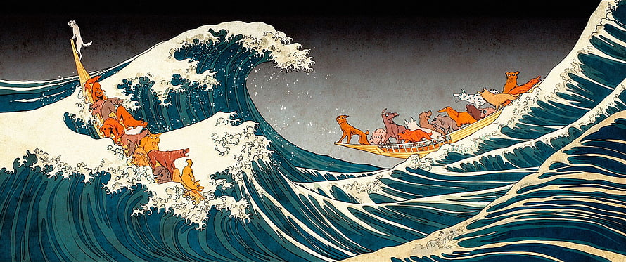 Isle of Dogs Animated Scene Depicting Dogs Riding a Great Wave in Ukiyo-e Style HD wallpaper