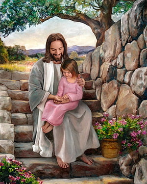 Jesus Holding a Young Girl in a Peaceful Garden Setting HD phone wallpaper