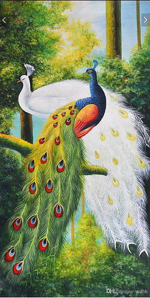 Vibrant Peacock Pair in Lush Forest Setting Oil Painting HD phone wallpaper