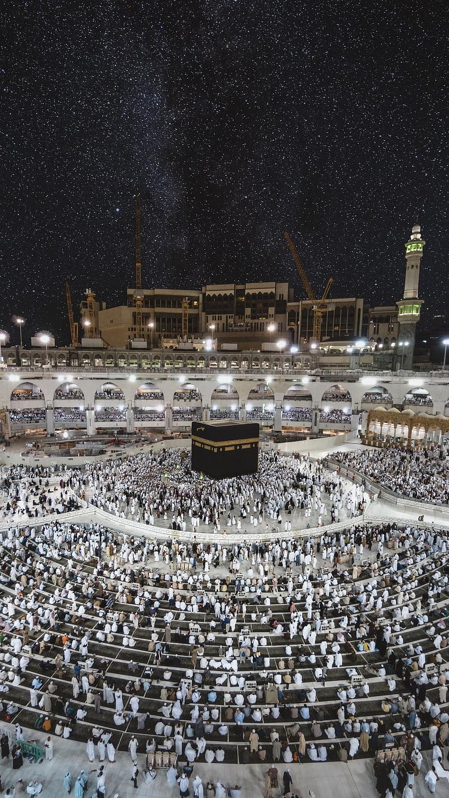 Massive Pilgrim Gathering at the Kaaba in Mecca Under a Starry Night Sky HD phone wallpaper