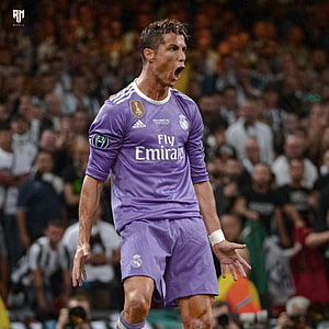 Cristiano Ronaldo in Real Madrid Purple Away Kit Celebrating on the Pitch HD phone wallpaper
