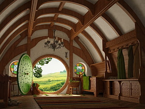 Hobbiton Interior: The Shire Round Door and Wooden Beams in Middle Earth HD wallpaper