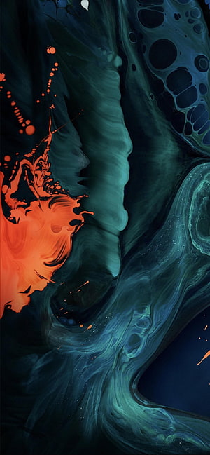 Dark Abstract Fluid Art with Orange and Teal Ink Swirls HD phone wallpaper
