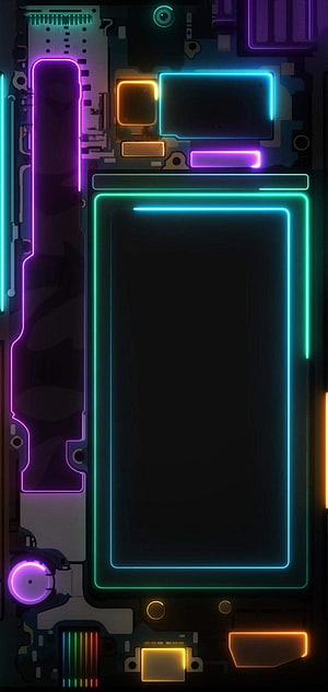 Neon Circuit Board Phone Interior with Glowing Components and Dark Screen HD phone wallpaper