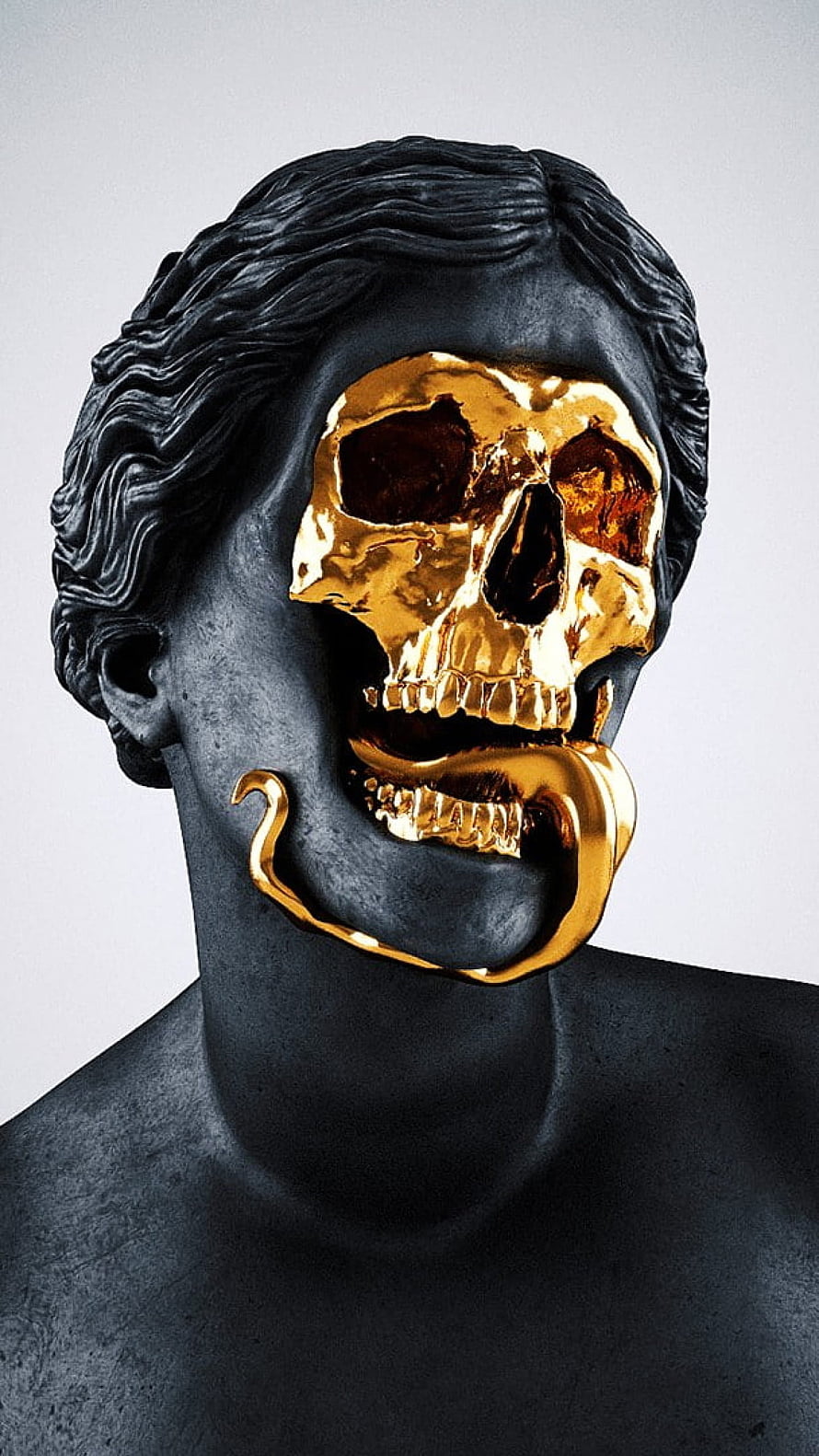 Black Marble Bust with Gold Skull and Snake Sculpture HD phone wallpaper