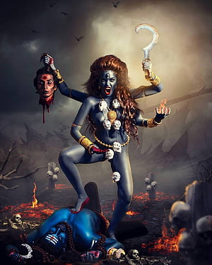 Maa Kali Dark Fantasy Artwork with Skulls and Fire HD phone wallpaper