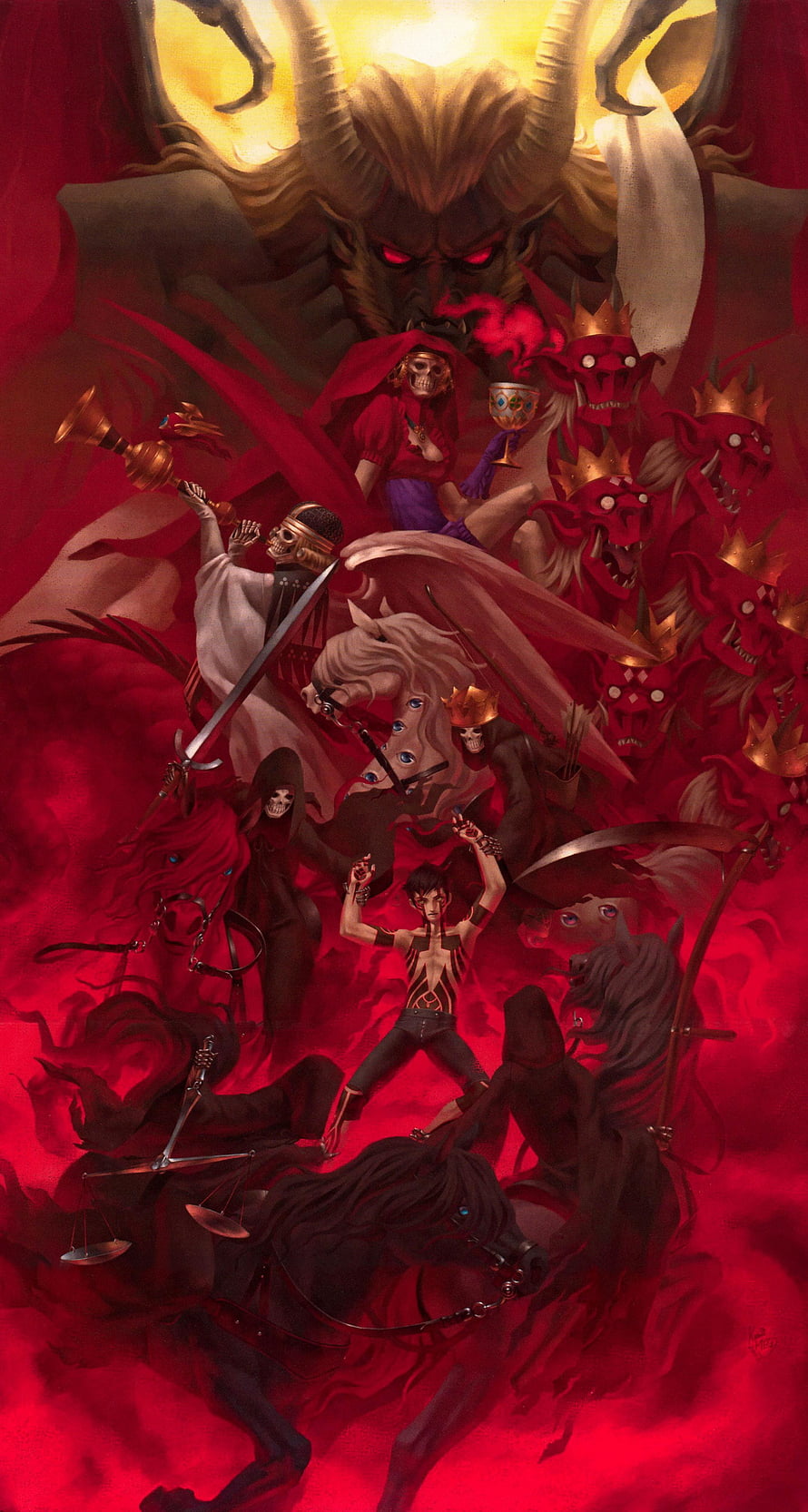 Demi from Shin Megami Tensei Imagine in a dramatic red fantasy illustration with skeletal figures and demonic entities HD phone wallpaper
