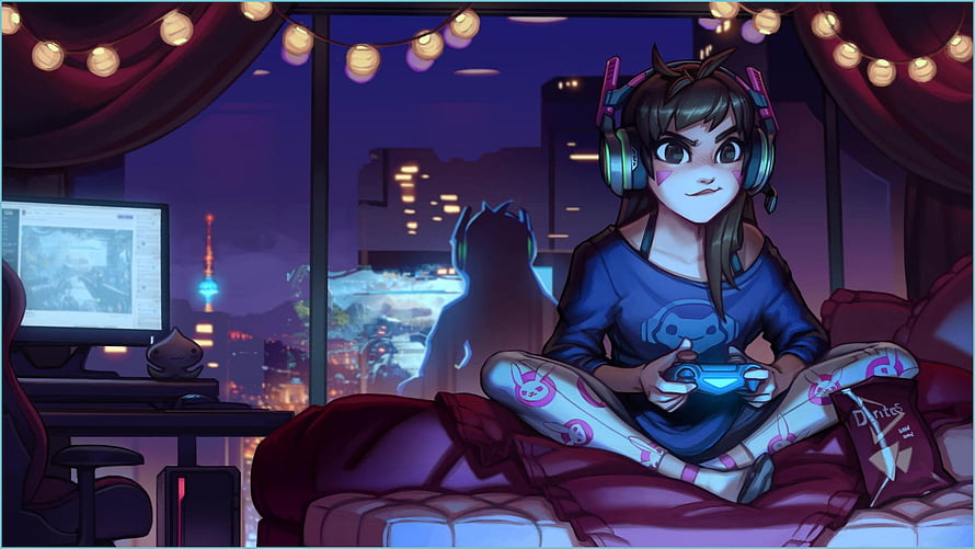Anime Girl Gaming at Night with Headphones and Controller in Cozy Room HD wallpaper
