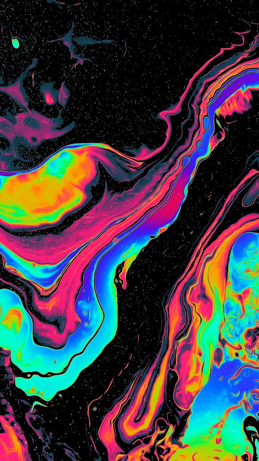 Vibrant psychedelic liquid marble art with neon swirls on a dark starry background HD phone wallpaper