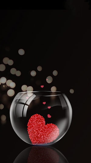 Red Sugar Heart in Glass Bowl with Bokeh Lights and Floating Hearts HD phone wallpaper