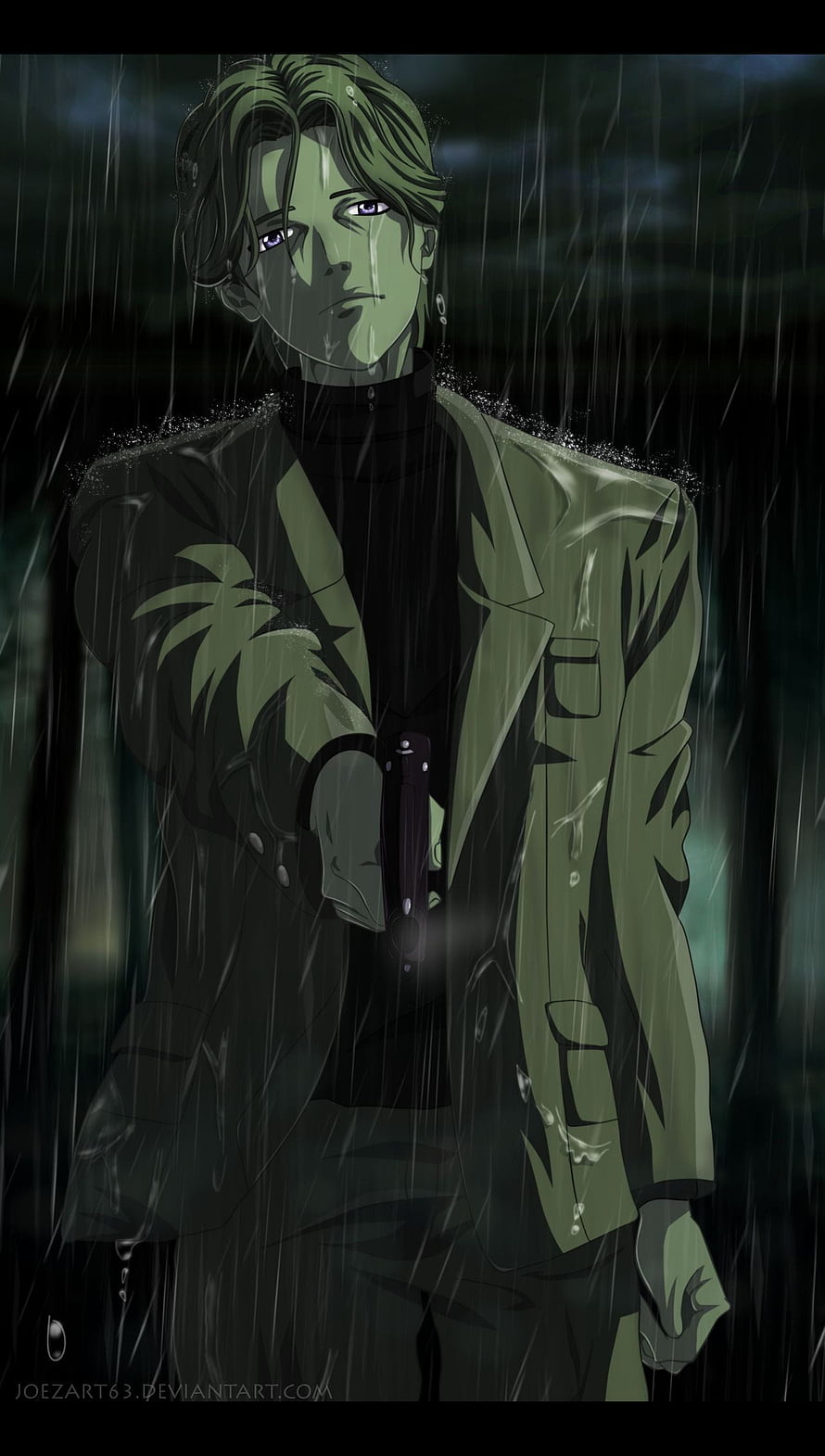 Johan Liebert anime character standing in heavy rain wearing a dark suit and holding a knife HD phone wallpaper