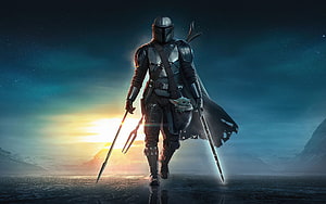 The Mandalorian and Grogu Walking Through a Misty Landscape at Sunset HD wallpaper