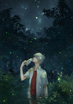 Anime Boy Holding Fox Mask in Firefly Forest at Night HD phone wallpaper