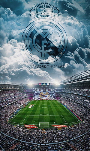 Real Madrid Stadium Crowd and Crest Under Dramatic Cloudy Sky HD phone wallpaper