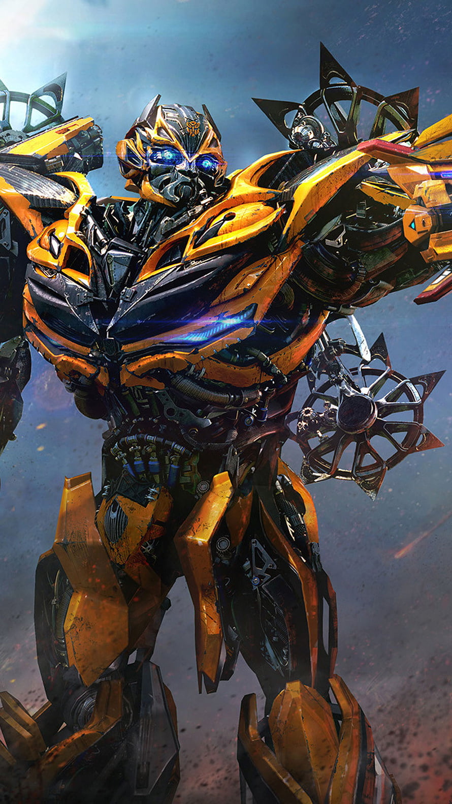 Bumblebee from Transformers in a battle-ready pose with glowing blue eyes and intricate mechanical armor HD phone wallpaper