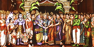 Traditional Indian Painting of Lord Venkateswara Kalyanam Ceremony with Deities HD wallpaper