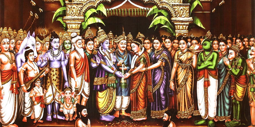 Traditional Indian Painting of Lord Venkateswara Kalyanam Ceremony with Deities HD wallpaper