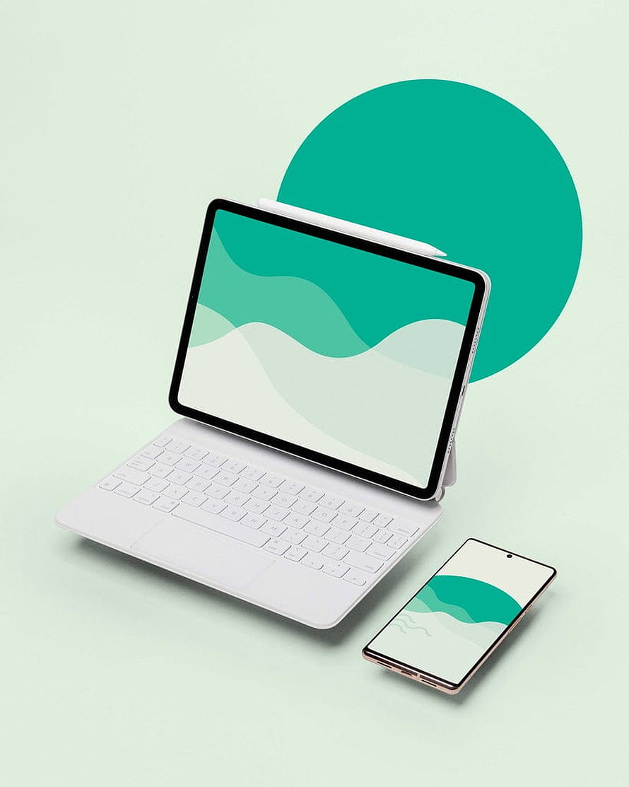 Minimalist Tablet with Keyboard and Smartphone on Mint Green Background HD phone wallpaper
