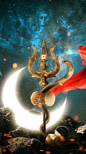 Lord Shiva Trishul and Crescent Moon with Snake and Damaru on Rocky Terrain HD phone wallpaper