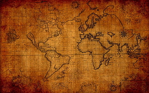 Antique Vintage World Map on Aged Parchment with Compass Rose and Grid Lines HD wallpaper