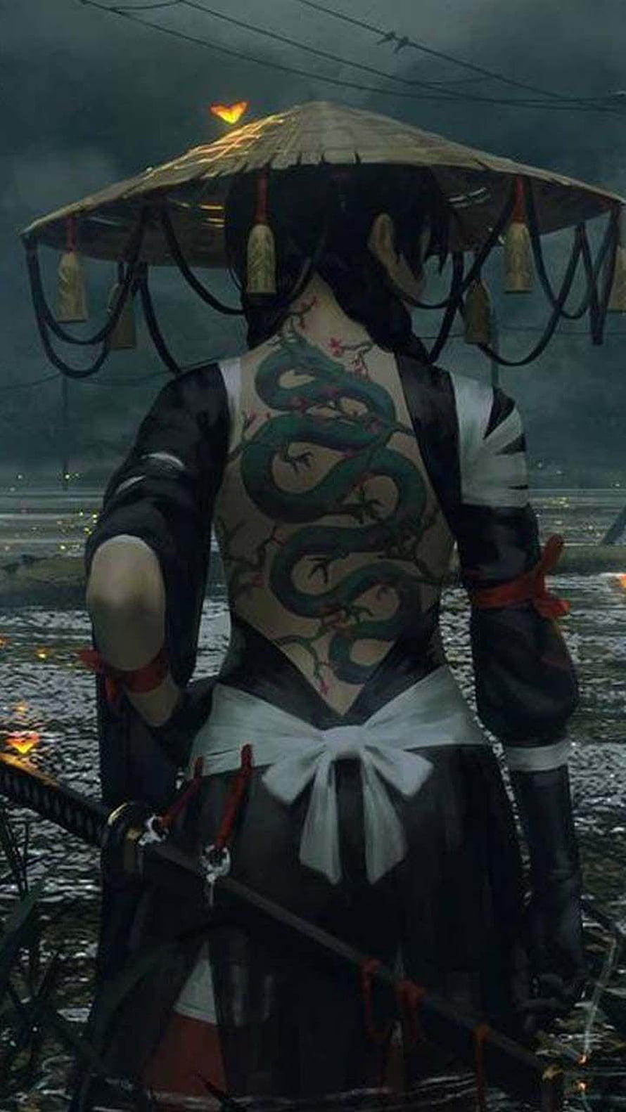 Female Samurai Warrior with Snake Tattoo and Traditional Hat in Dark Anime Style HD phone wallpaper