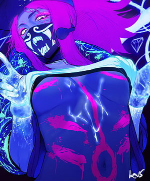 K/DA Akali Neon Cyberpunk Portrait with Electric Blue and Magenta Splatter Art HD phone wallpaper