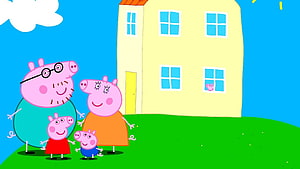 Peppa Pig Family Standing in Front of Their Yellow House on a Sunny Day HD wallpaper