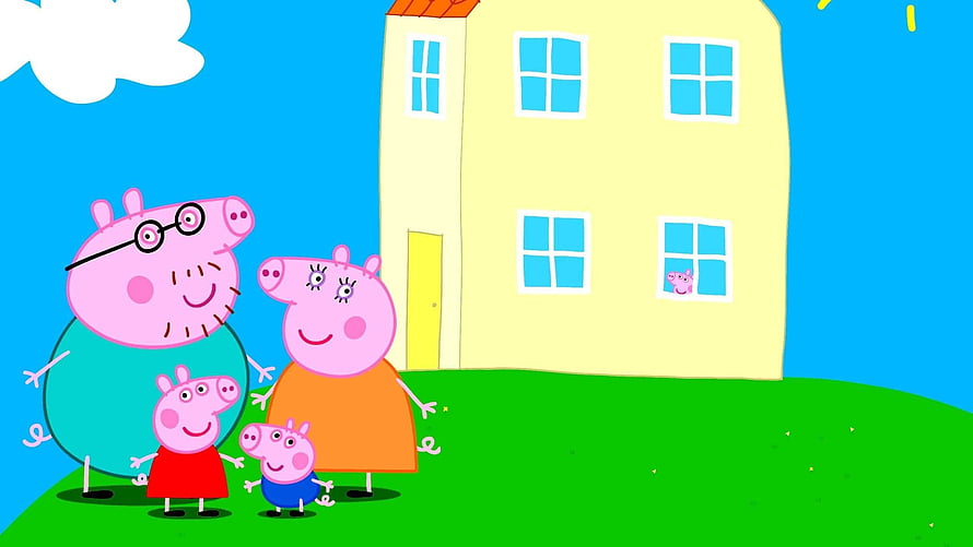 Peppa Pig Family Standing in Front of Their Yellow House on a Sunny Day HD wallpaper