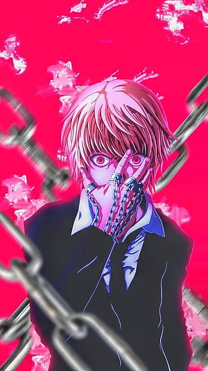 Hunter x Hunter Anime Character with Chains and Red Eyes on Vibrant Pink Background HD phone wallpaper