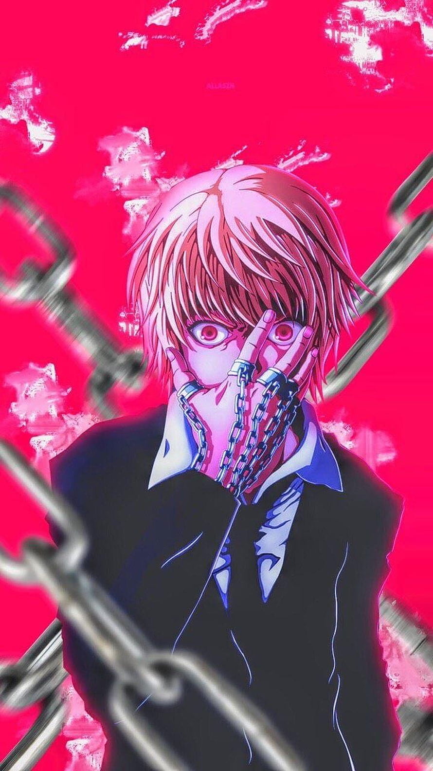 Hunter x Hunter Anime Character with Chains and Red Eyes on Vibrant Pink Background HD phone wallpaper