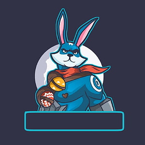 Blue Rabbit Warrior Mascot with Red Scarf and Moon Background HD phone wallpaper