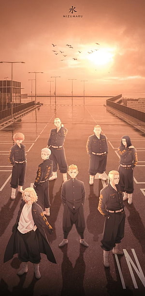 Tokyo Manji Gang Members Standing on Rooftop at Sunset HD phone wallpaper