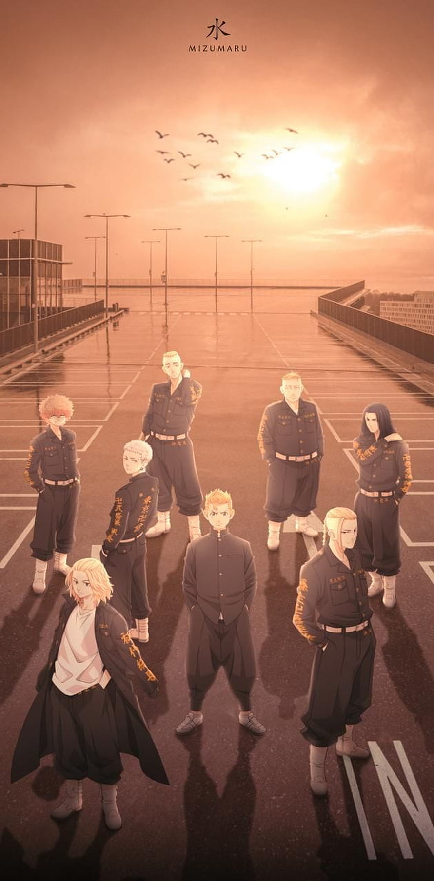 Tokyo Manji Gang Members Standing on Rooftop at Sunset HD phone wallpaper