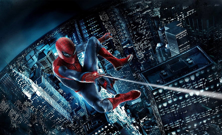 Spider-Man Swinging Through a Glowing Nighttime Cityscape in Cinematic Action HD wallpaper
