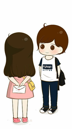 Cute Cartoon Couple Illustration of Boy and Girl with Envelope HD phone wallpaper