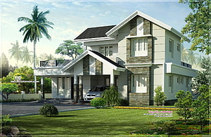 Modern Two-Story Tropical Residence with Stone Accents and Lush Landscaping HD wallpaper