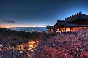 Kiyomizu-dera Temple at Dusk with Autumn Foliage and Kyoto City Lights HD wallpaper