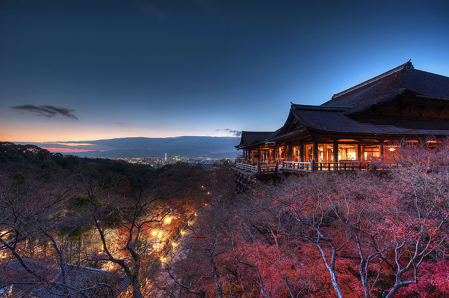 Kiyomizu-dera Temple at Dusk with Autumn Foliage and Kyoto City Lights HD wallpaper