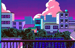 Retro 8-Bit Pixel Art Cityscape with Vibrant Purple and Pink Skyline HD wallpaper