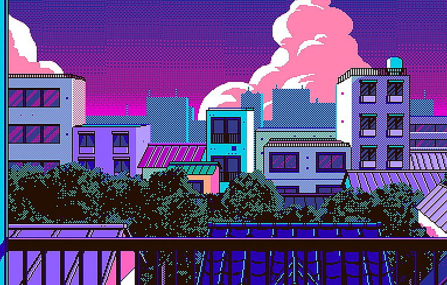 Retro 8-Bit Pixel Art Cityscape with Vibrant Purple and Pink Skyline HD wallpaper