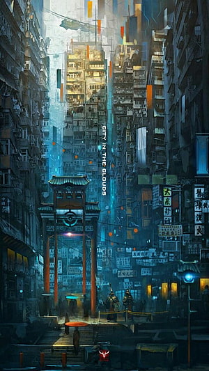 Cyberpunk Asian Cityscape with Traditional Archway and Neon Lights HD phone wallpaper