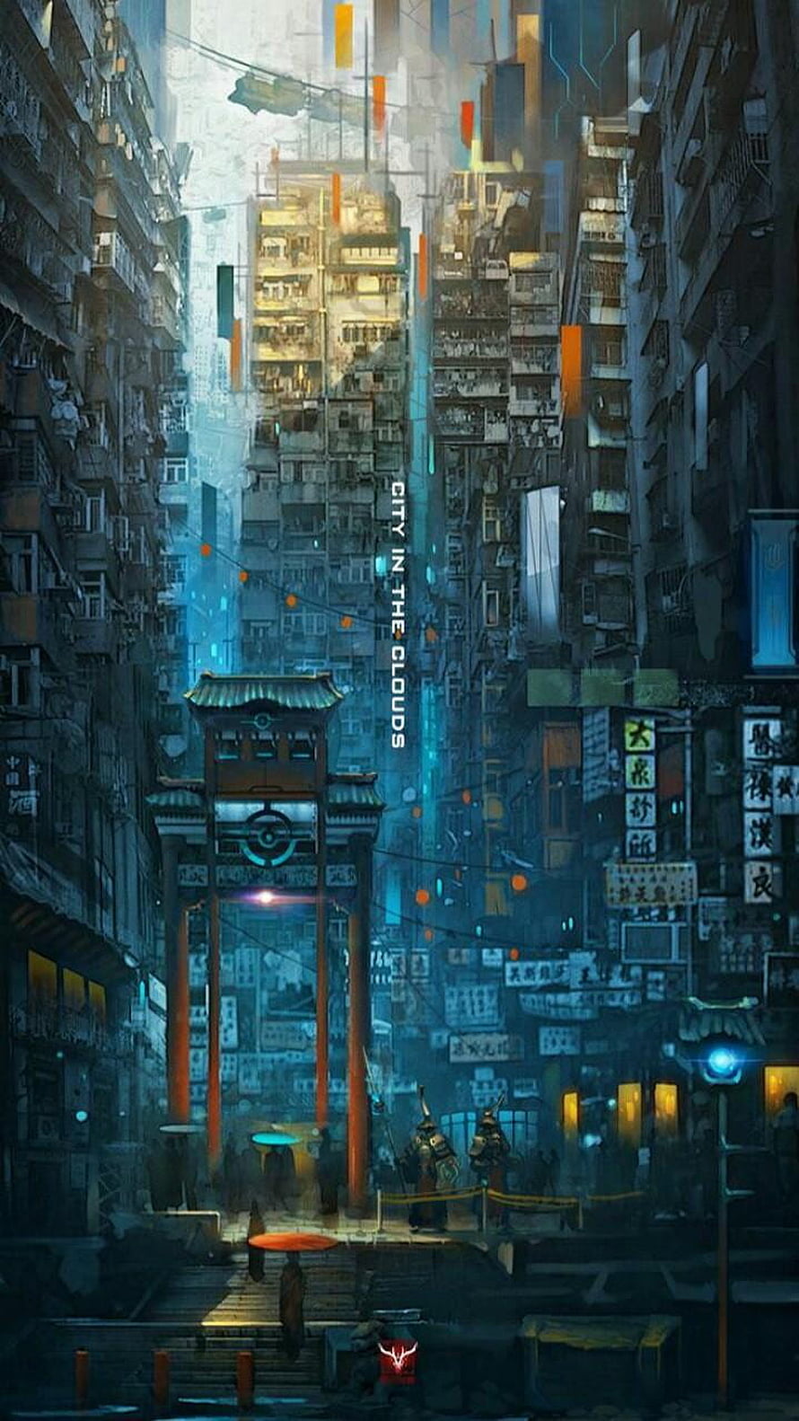 Cyberpunk Asian Cityscape with Traditional Archway and Neon Lights HD phone wallpaper