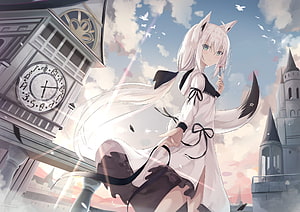 Shirakami Fubuki anime girl with white hair and fox ears in a gothic cityscape HD wallpaper